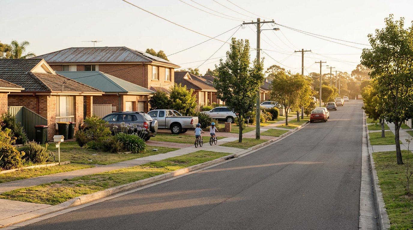 A settled, established street in Riverstone with mature small gardens and children riding bikes in the late afternoon