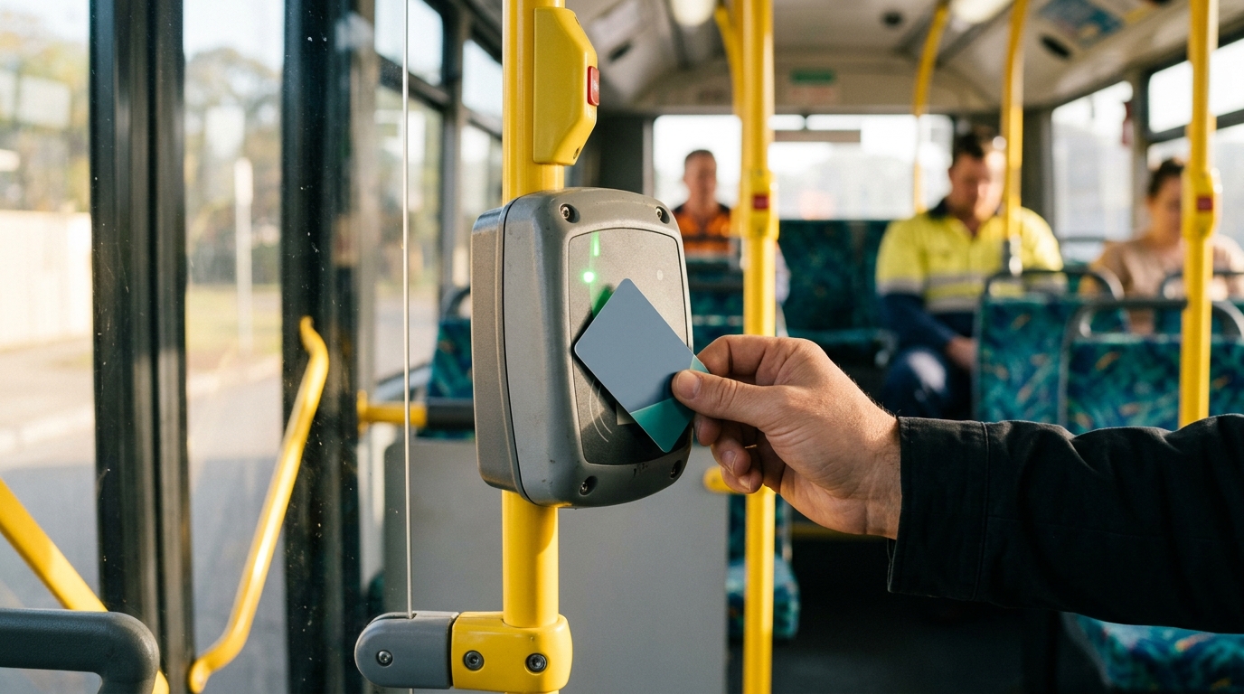 Commuter tapping a transit card on a bus card reader