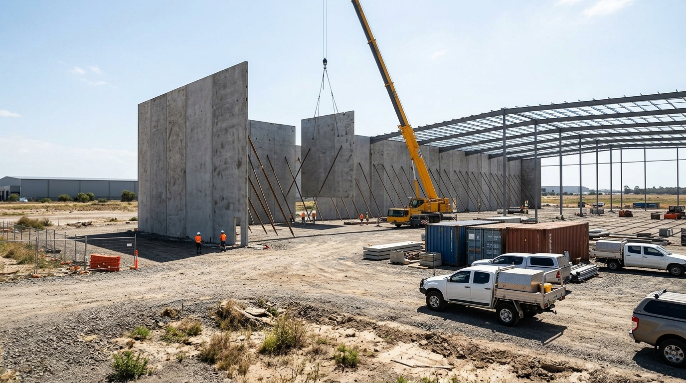 A mobile crane lifting a tilt-up concrete panel into place on a new warehouse under construction in Glenfield