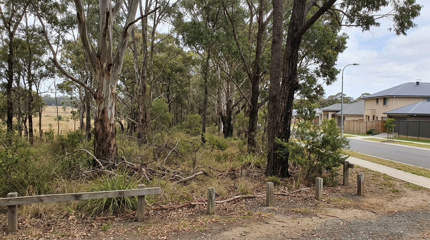 Eucalypt woodland wildlife corridor beside a new estate at Wilton