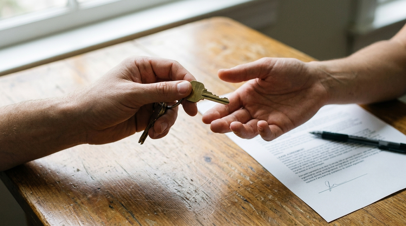 Handing over a house key with a lease agreement