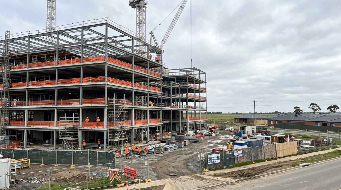 Construction site of the new Melton Hospital in Cobblebank, with steel structural frame, tower cranes and safety mesh