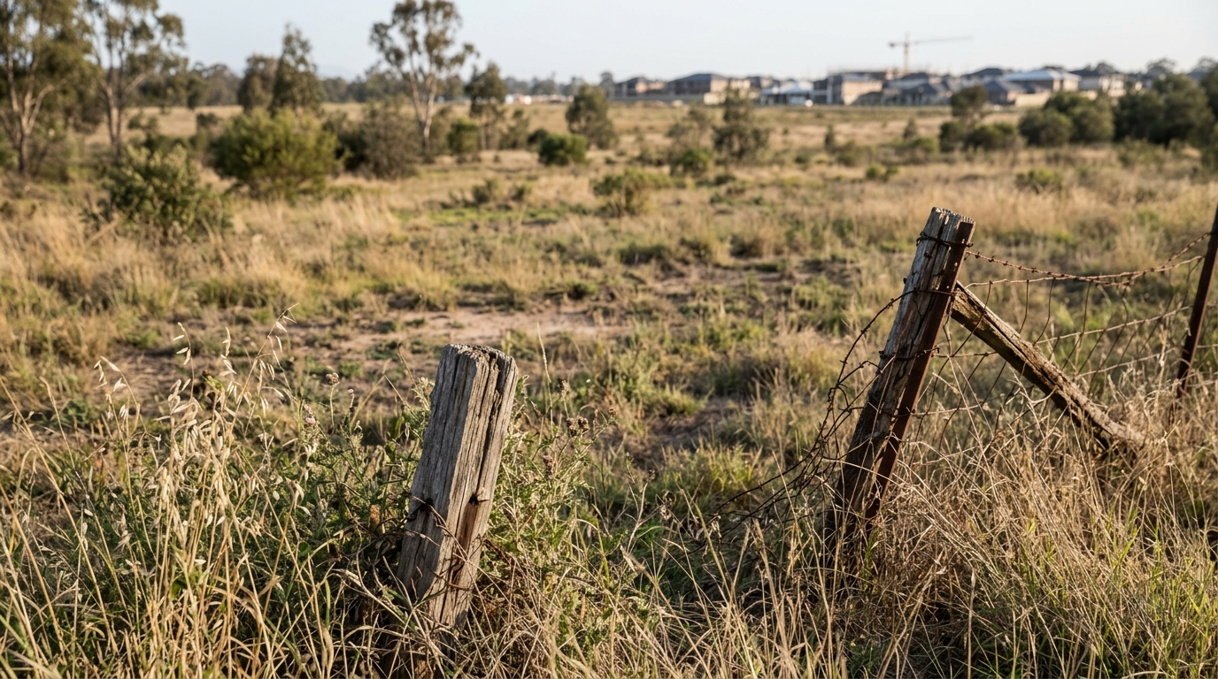An overgrown vacant block, part of the old Riverstone Scheduled Lands paper subdivision, with new housing construction faintly visible in the distance