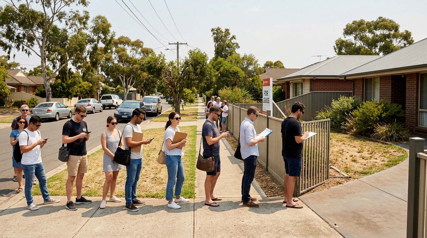 Prospective renters queuing outside a rental inspection