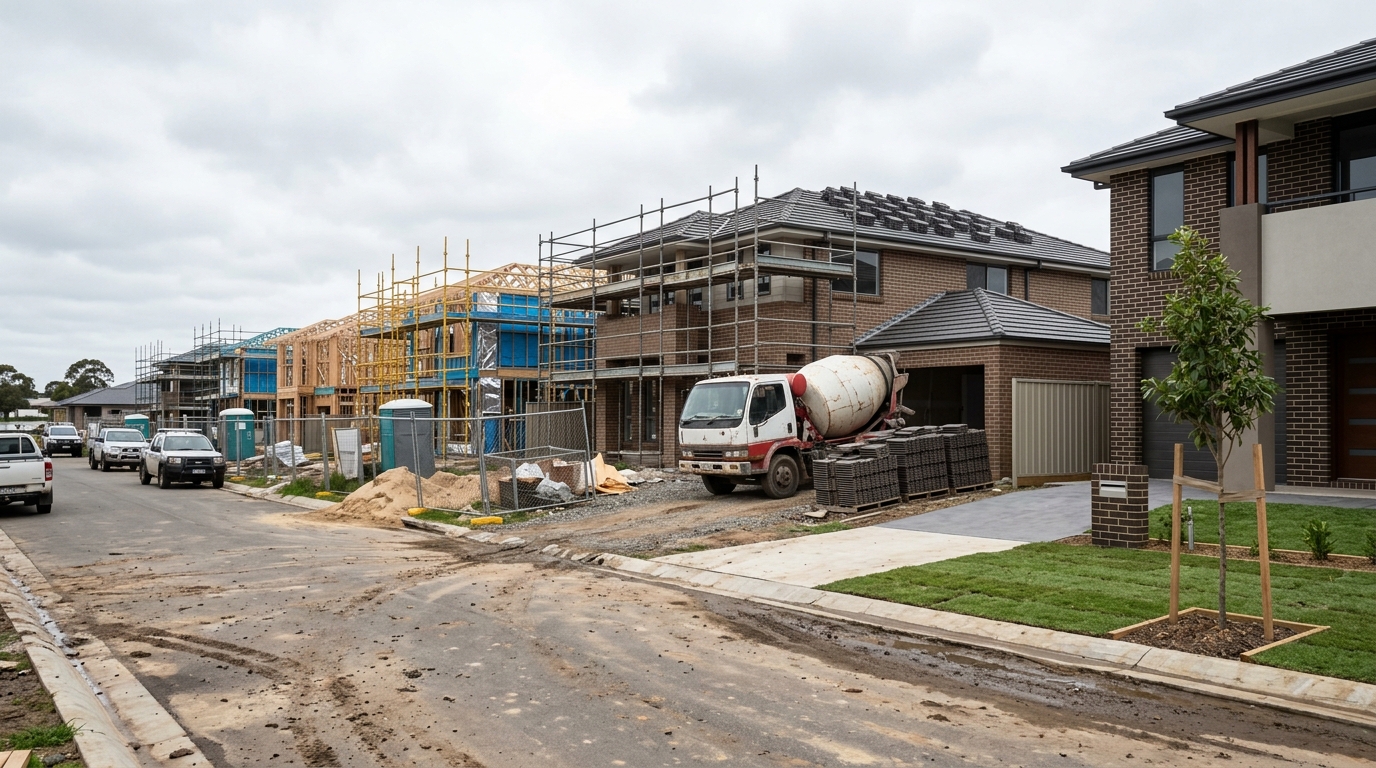 A new residential street in Glenfield with homes at various stages of construction, from timber frames to completed houses