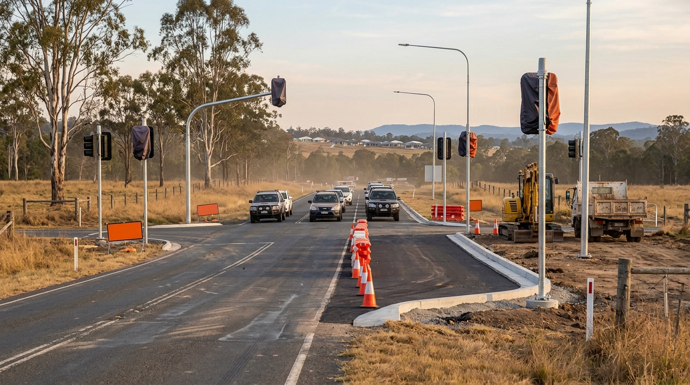 New traffic lights and lane works going in at a semi-rural road junction in a south-east Queensland growth corridor, with cars queued through the roadworks