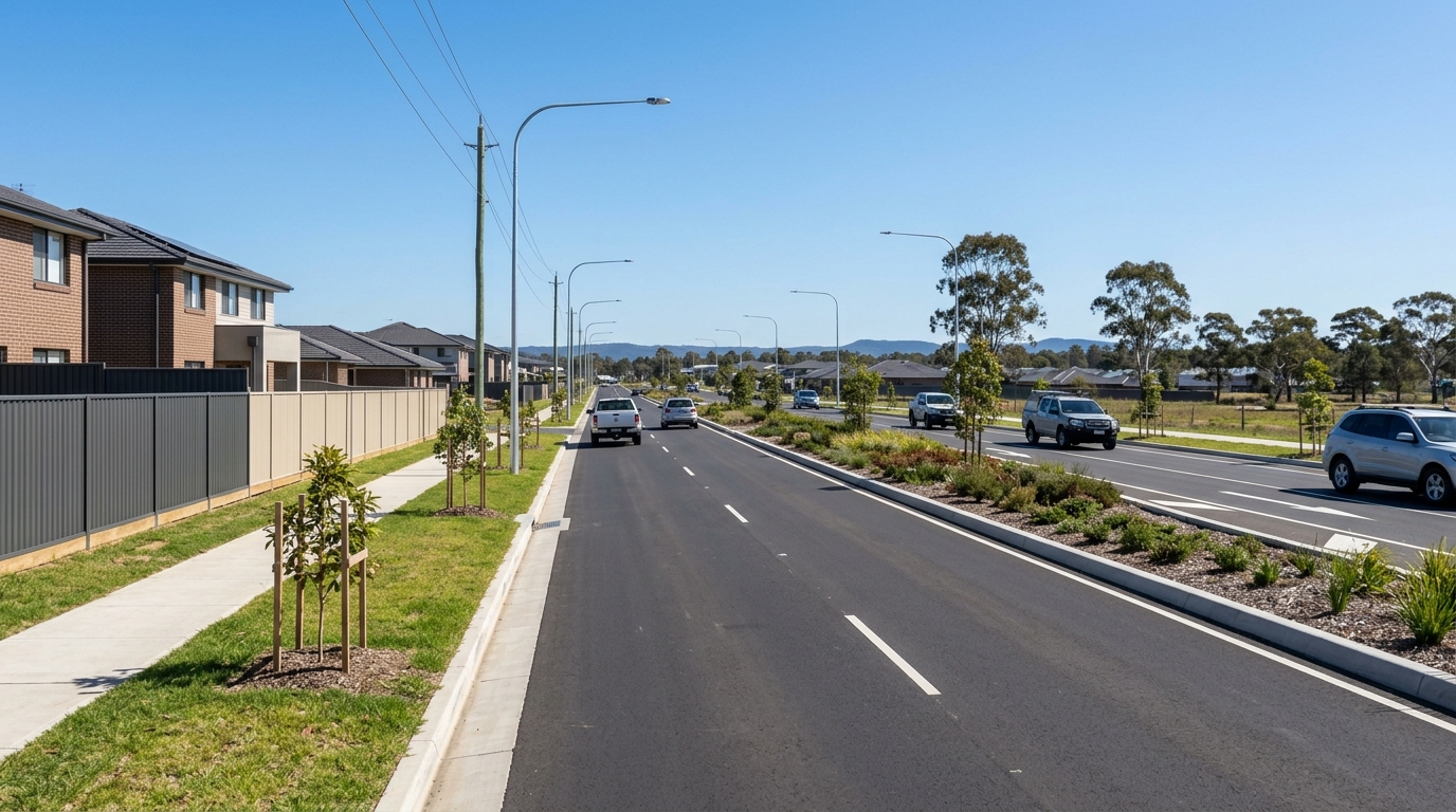 Suburban arterial road upgrade in outer Sydney near Tallawong