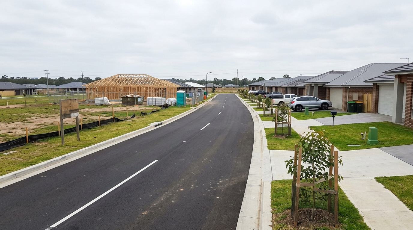 New suburban street in the Riverstone Town Centre area, with completed homes on one side and vacant titled lots on the other