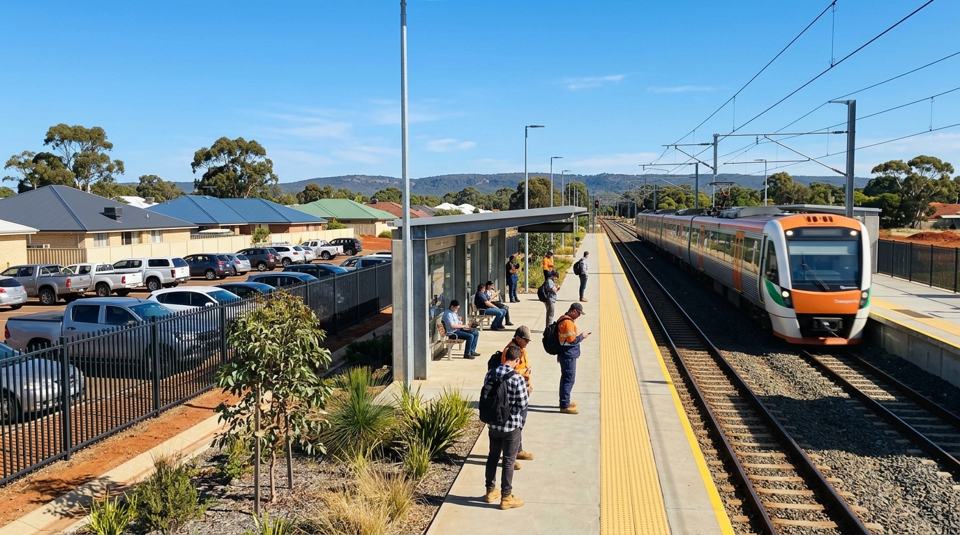 Train arriving at a suburban Perth-style station platform