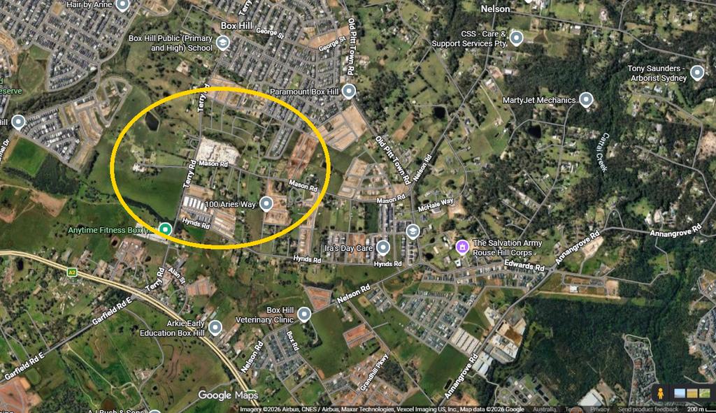 Satellite view of the Box Hill development area around Terry Road and Mason Road