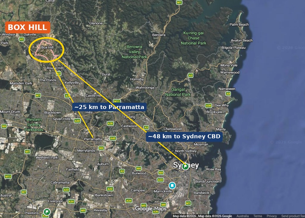 Map of north-west Sydney showing Box Hill NSW 2765 just north of Rouse Hill