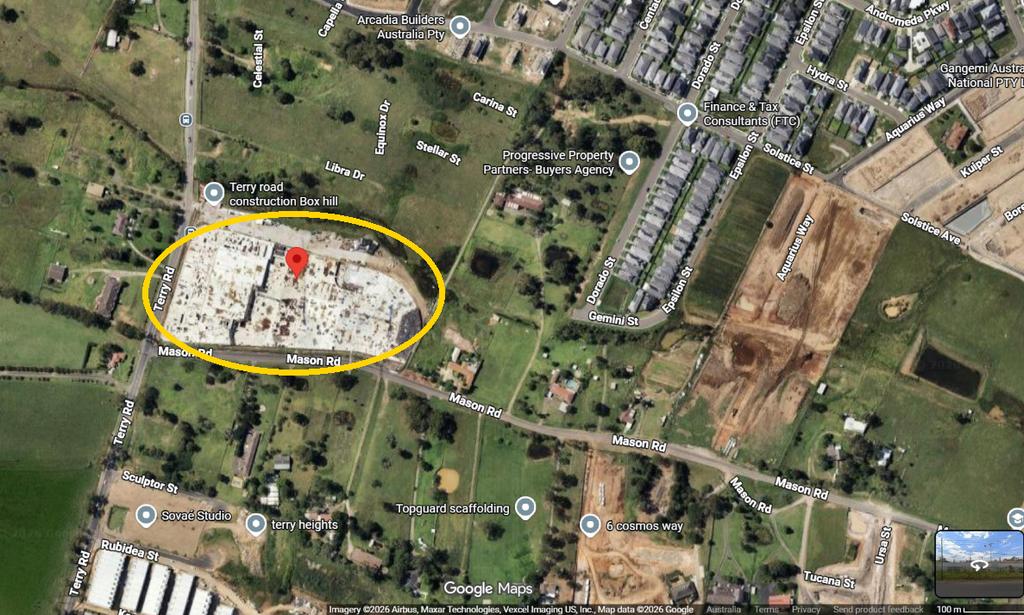 Satellite view of the stalled Box Hill Town Centre site at 29-31 Terry Road on the Mason Road corner