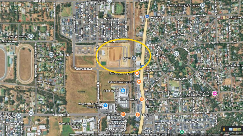 Google Maps satellite view of Byford Station on Pitman Way, Byford WA 6122, circled in yellow, between Sansimeon Boulevard and South Western Highway