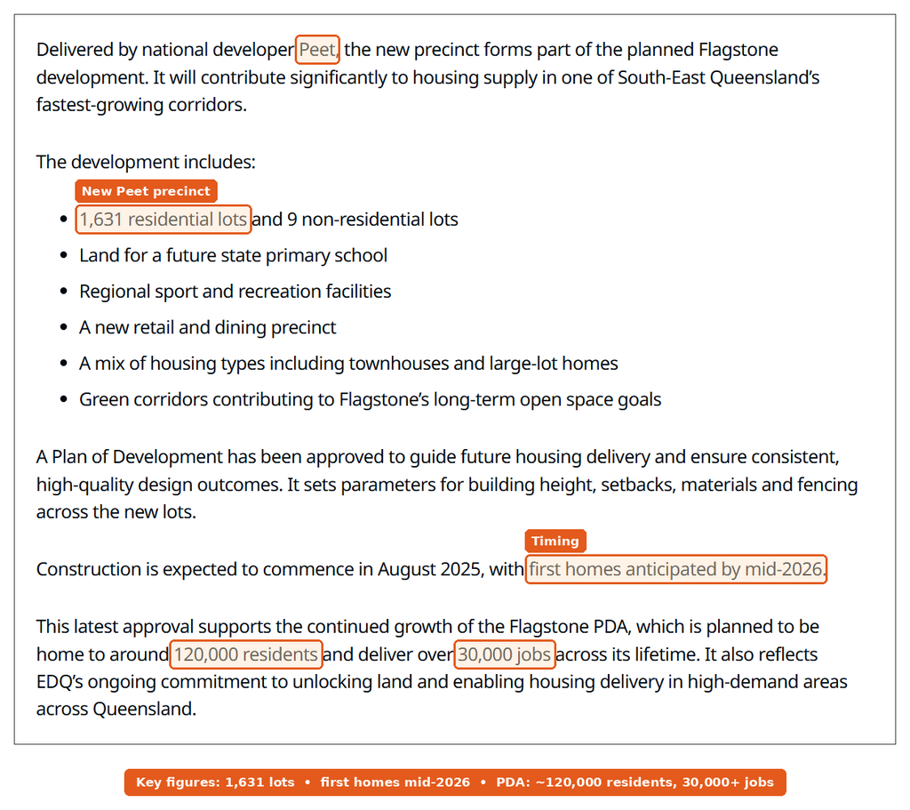 Economic Development Queensland announcement of the Peet precinct approval in Greater Flagstone, with 1,631 residential lots and first homes by mid-2026 highlighted
