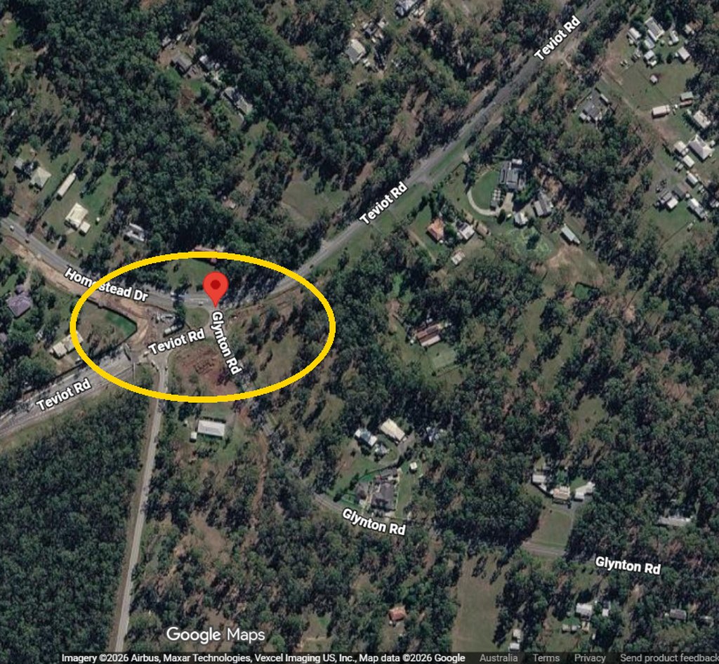 Google Maps satellite view of the Teviot Road, Homestead Drive and Glynton Road intersection in Flagstone QLD 4280, circled in yellow