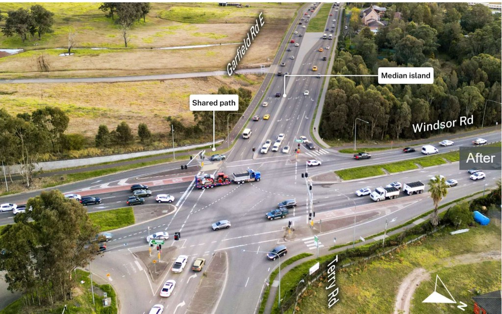 Artist impression of the upgraded Garfield Road East and Windsor Road intersection near Riverstone, with a median island and shared path