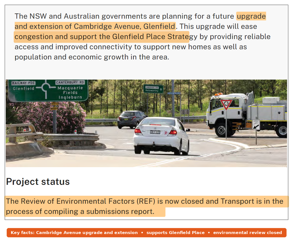 Transport for NSW Cambridge Avenue upgrade page describing access to Moorebank Logistics Park and the REF status