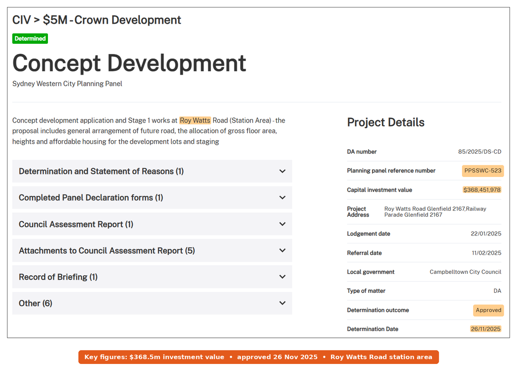Sydney Western City Planning Panel record for the Glenfield concept development application showing approval on 26 November 2025