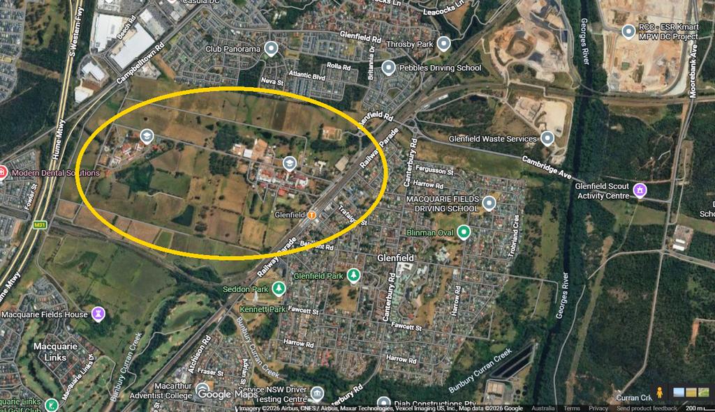 Satellite view of the Glenfield development area west of Glenfield station along Roy Watts Road