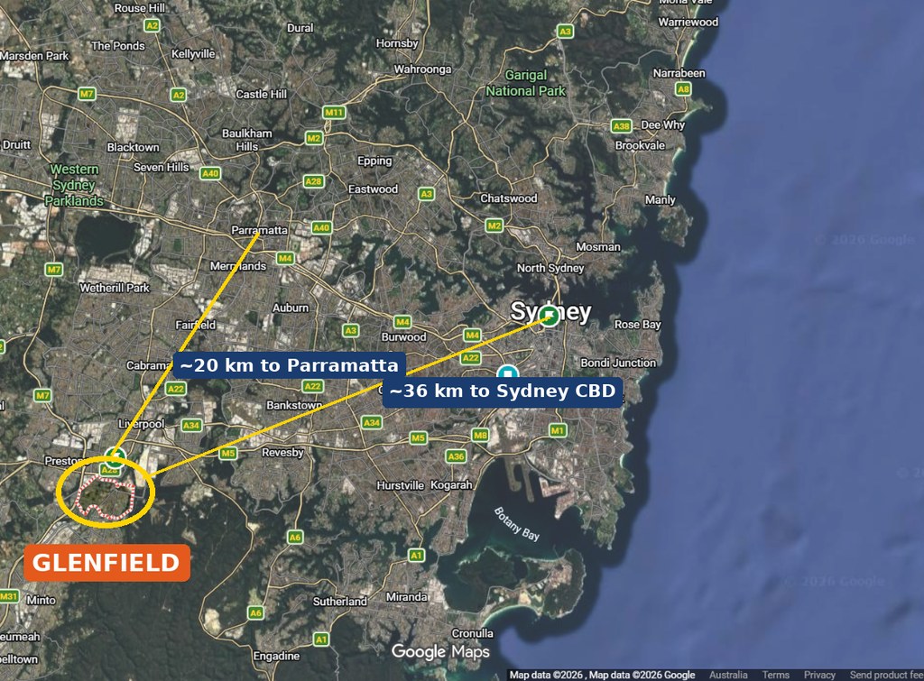 Map of south-west Sydney showing Glenfield NSW 2167 between Liverpool and Campbelltown
