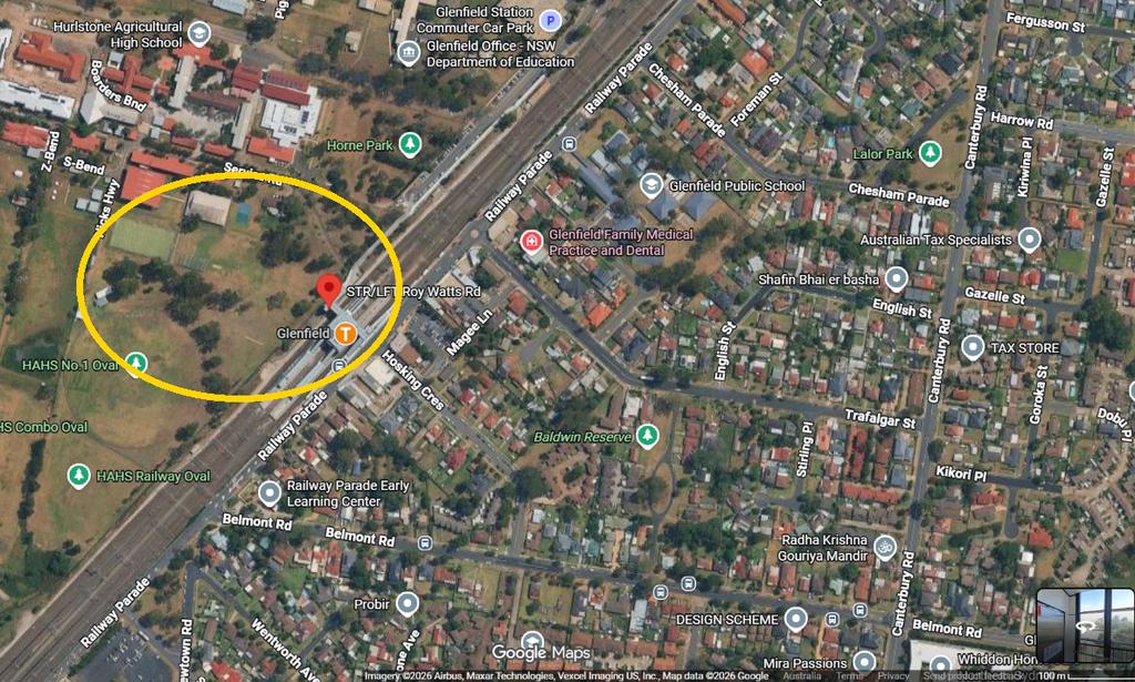 Satellite view of the Glenfield development Stage 1 site at Roy Watts Road and Railway Parade beside the station commuter car park