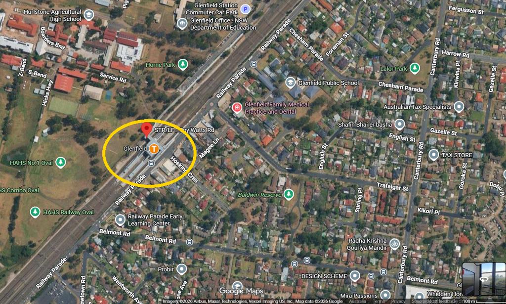 Satellite view of Glenfield station on Railway Parade, the rail junction at the centre of Glenfield development