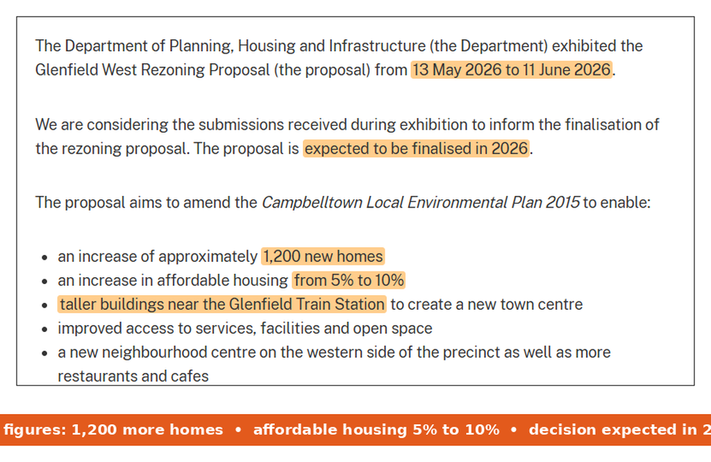 NSW Planning Portal page for the Glenfield West rezoning proposal showing the exhibition dates and expected finalisation in 2026