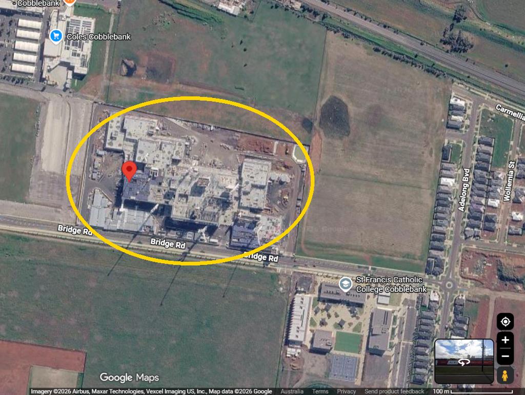 Google Maps satellite view of the new Melton Hospital construction site at 245-267 Ferris Road, Cobblebank VIC 3338, circled in yellow