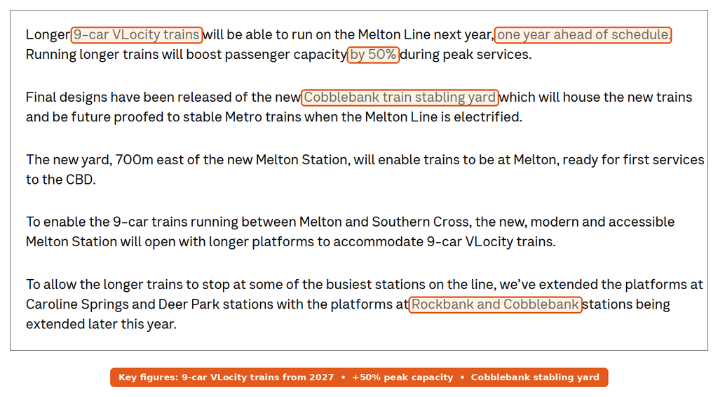 Victoria's Big Build update on the Melton Line Upgrade with 9-car VLocity trains, one year ahead of schedule, 50% capacity boost and Cobblebank stabling yard highlighted