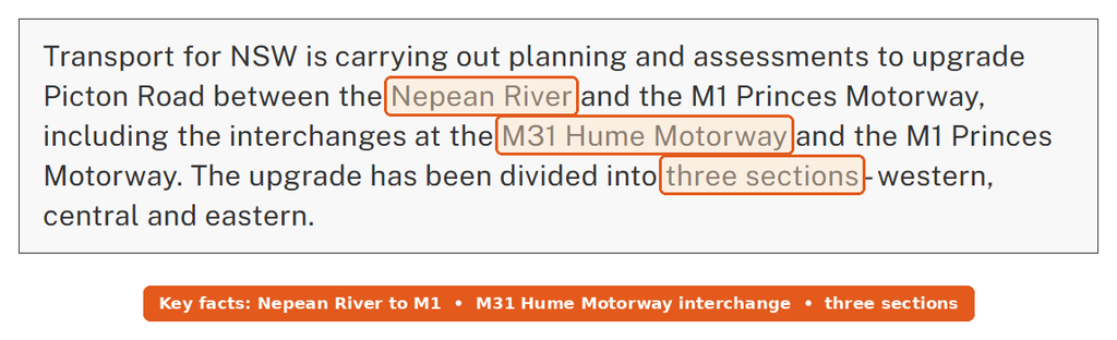 Transport for NSW Picton Road upgrade page describing the three sections of the upgrade between the Nepean River and the M1 Princes Motorway