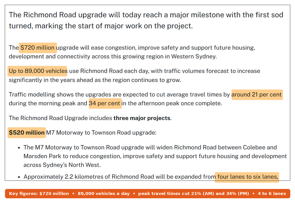 NSW Government release announcing major construction on the $720 million Richmond Road upgrade, with the six-lane widening highlighted