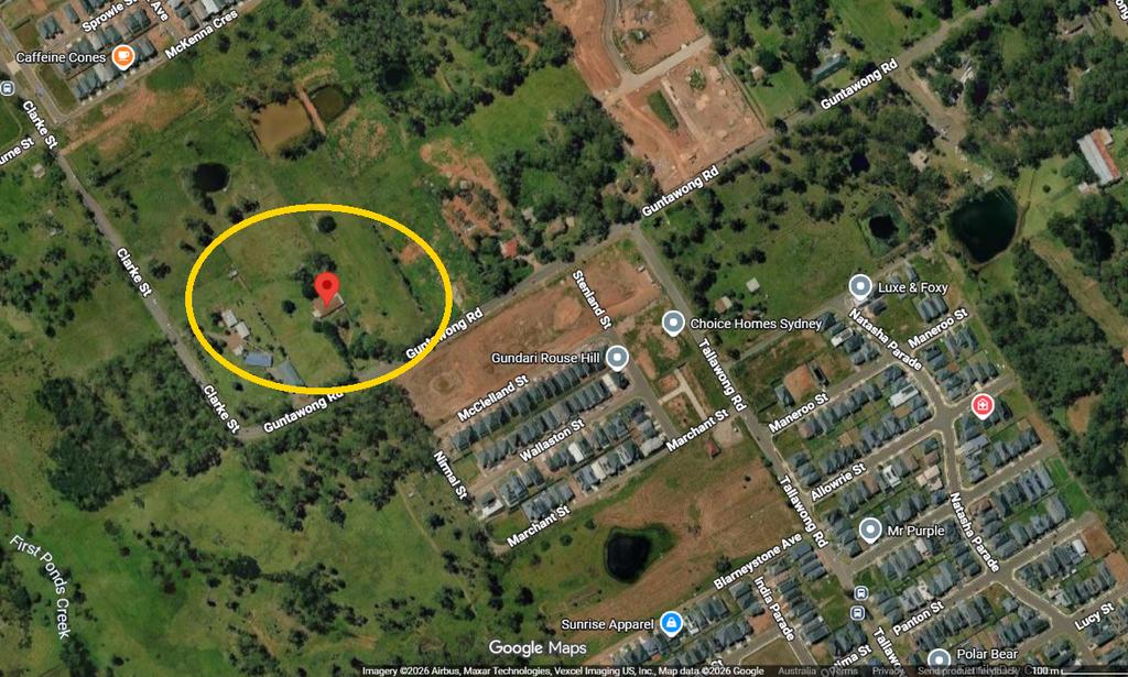 Google Maps satellite view of 184–194 Guntawong Road, Rouse Hill, where 146 apartments were refused, circled in yellow