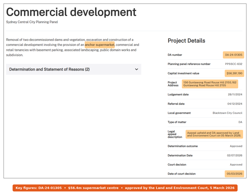 NSW Planning Portal panel record for the Guntawong Road Woolworths centre, part of Riverstone development, showing DA-24-01305, PPSSCC-632 and the $56.4 million value