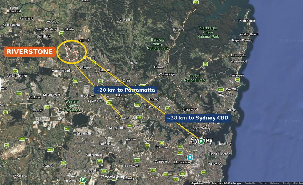 Map showing where Riverstone NSW sits in north-west Sydney, between Blacktown, Rouse Hill and Windsor
