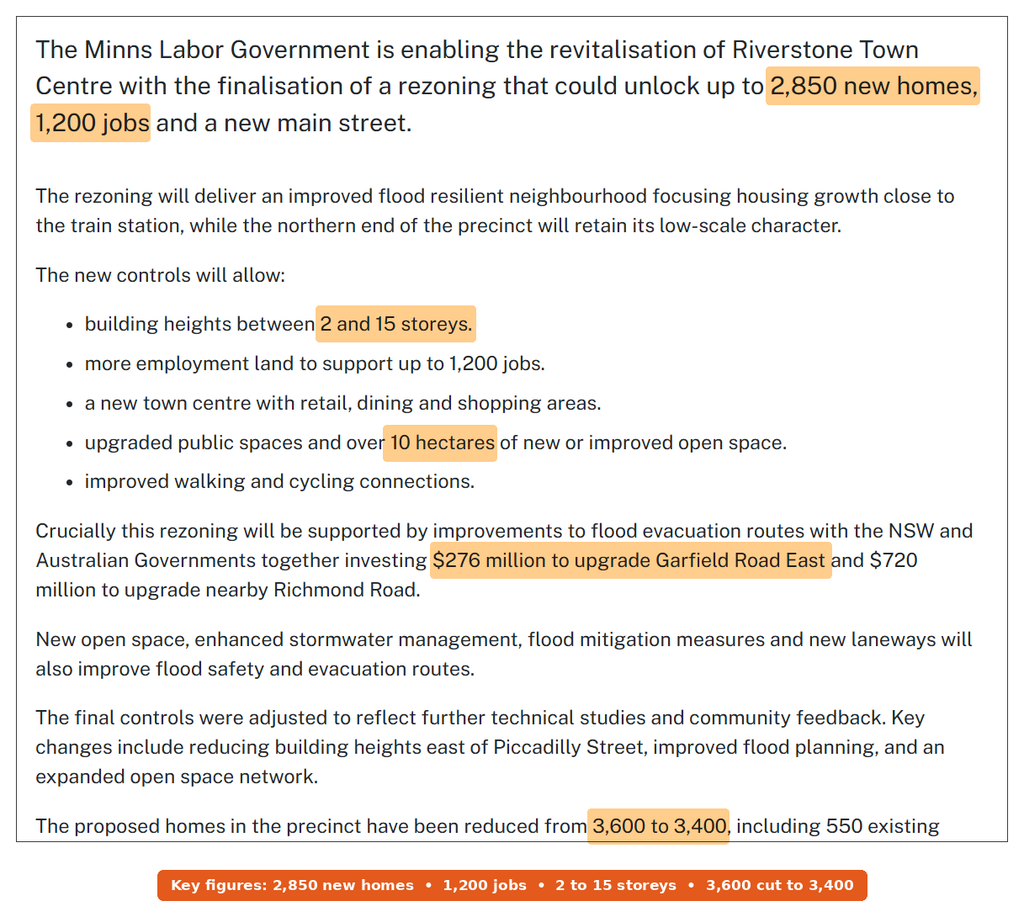 NSW Government release on the Riverstone development rezoning, with 2,850 new homes, 1,200 jobs and the cut from 3,600 to 3,400 homes highlighted