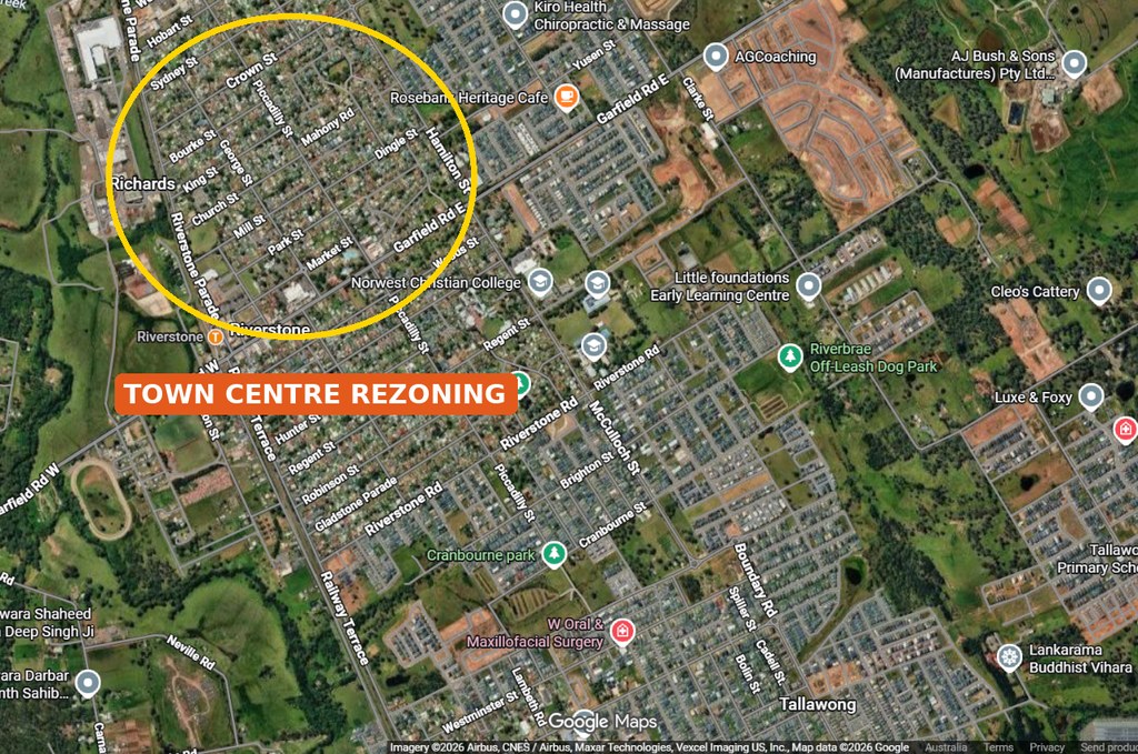 Satellite view of Riverstone town centre and station area, where the Riverstone development rezoning applies