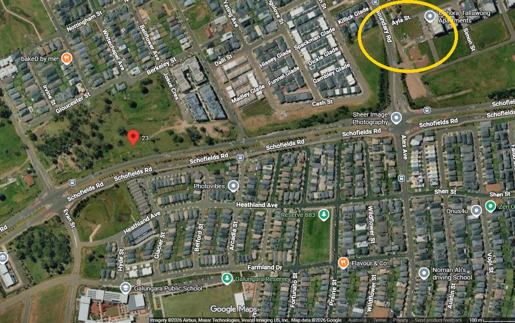 Google Maps satellite view of 2 Ayla Street, Tallawong, the Boundary Road apartment and childcare site