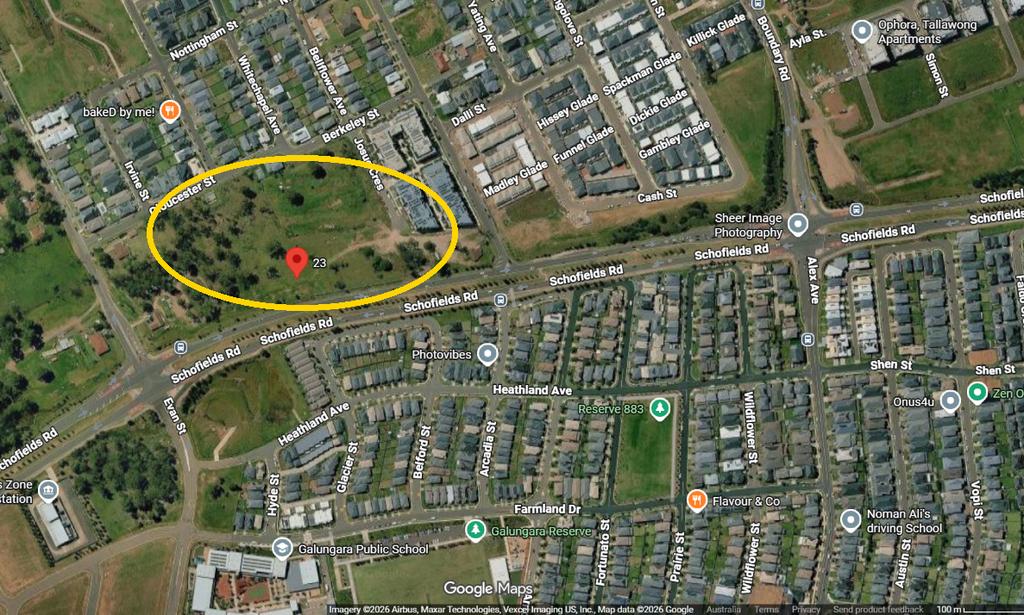 Google Maps satellite view of 23-27 Schofields Road, Tallawong, the approved Tallawong development site with 468 apartments