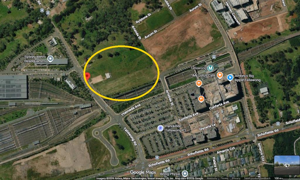 Google Maps satellite view of 34-42 Tallawong Road, Tallawong, opposite the metro station