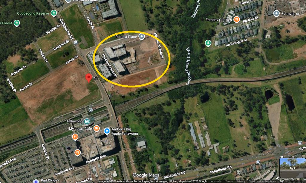 Google Maps satellite view of 38 Cudgegong Road, Rouse Hill, where Herman Residences is under construction