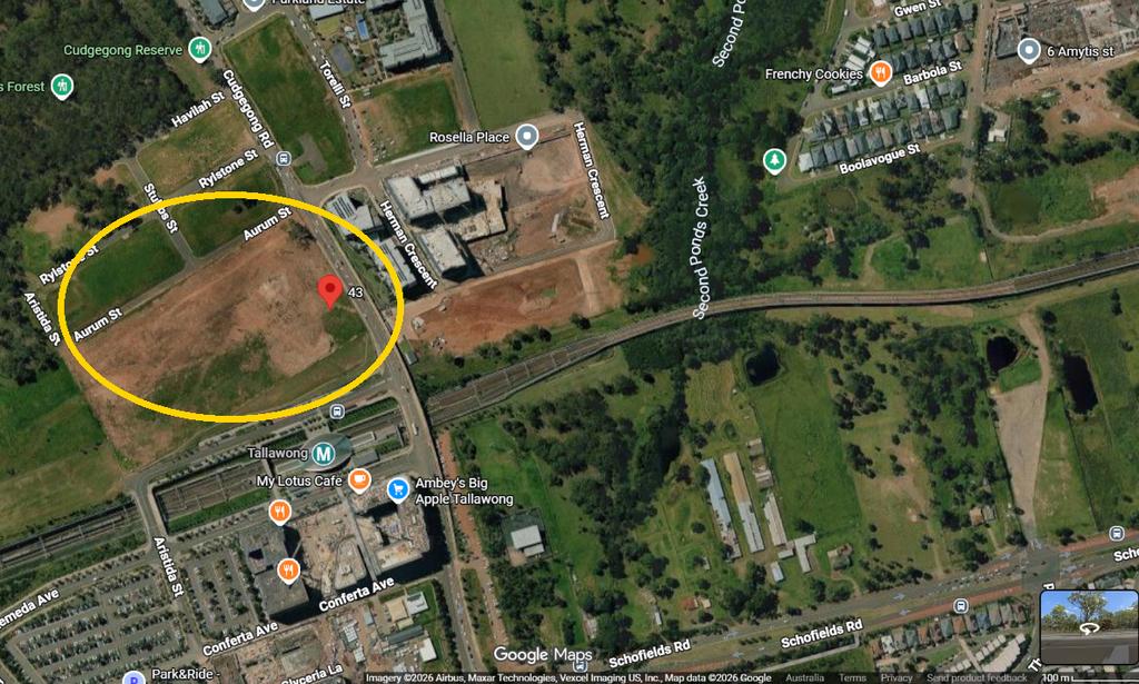 Google Maps satellite view of 43 Cudgegong Road, Rouse Hill, the Cudgegong Town Centre site beside Tallawong station