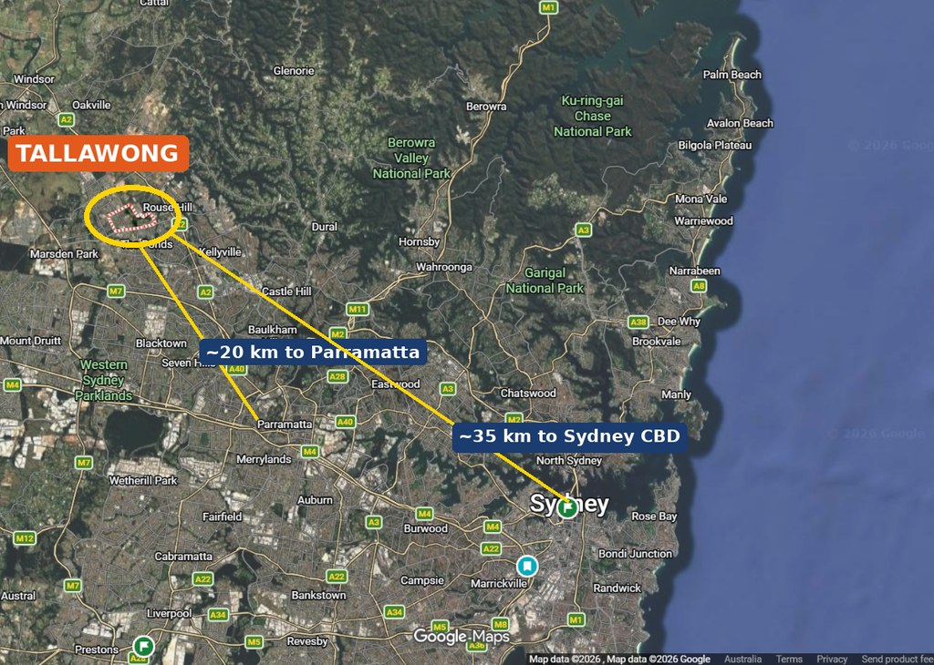 Map showing where Tallawong NSW sits in north-west Sydney, between Schofields, Rouse Hill and Riverstone