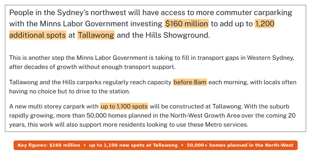 NSW Government release on more commuter parking, with $160 million and a 1,100-space multi-storey car park at Tallawong highlighted