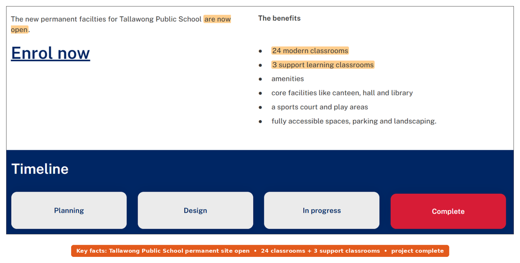 School Infrastructure NSW page for Tallawong Public School showing 24 modern classrooms and completion on Day 1 Term 2 2026