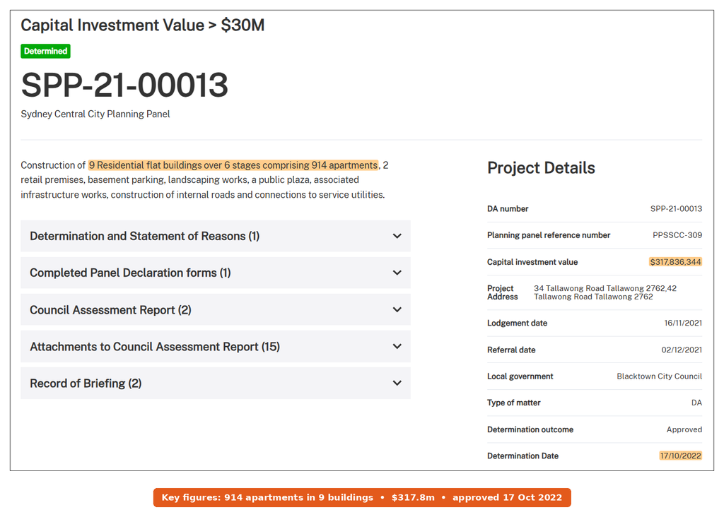 Sydney Central City Planning Panel record PPSSCC-309 for 34-42 Tallawong Road, showing approval on 17 October 2022 and a CIV of $317,836,344