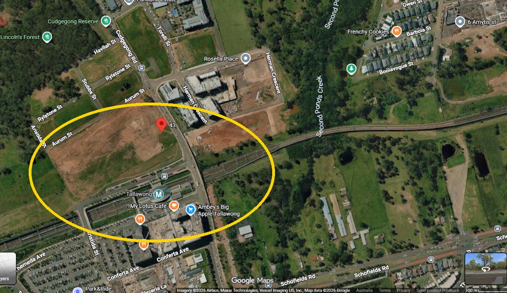Satellite view of Tallawong metro station and the surrounding Tallawong development area