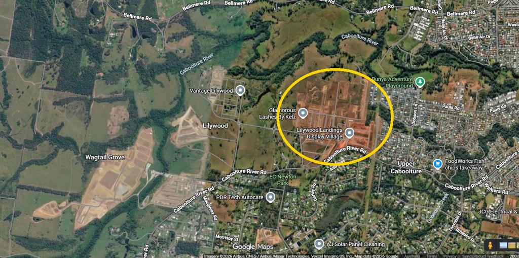 Google Maps satellite view of Lilywood Landings in Lilywood QLD 4513, the first estate in the Waraba priority development area west of Caboolture