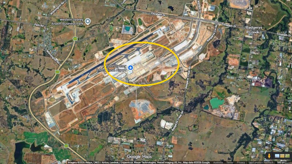 Google Maps satellite view of Western Sydney International Airport with the terminal precinct at 40 Nancy Drive, Luddenham NSW circled in yellow